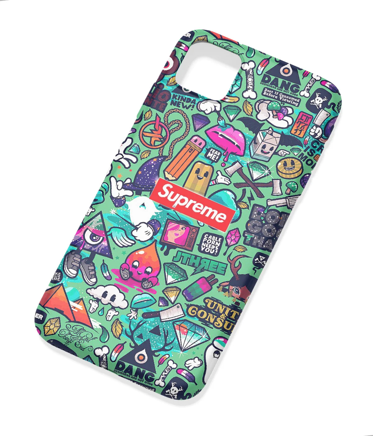 An angled view of a soft silicone case featuring a colorful design.