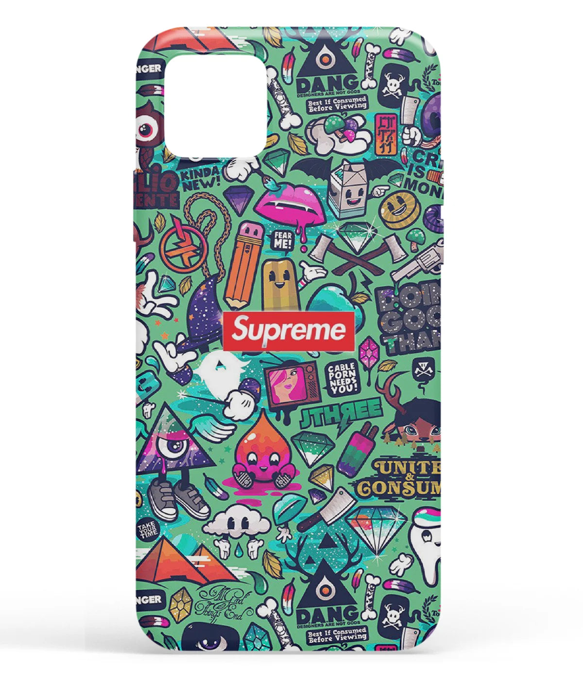 A front-on view of soft silicone phone case with a colorful design.