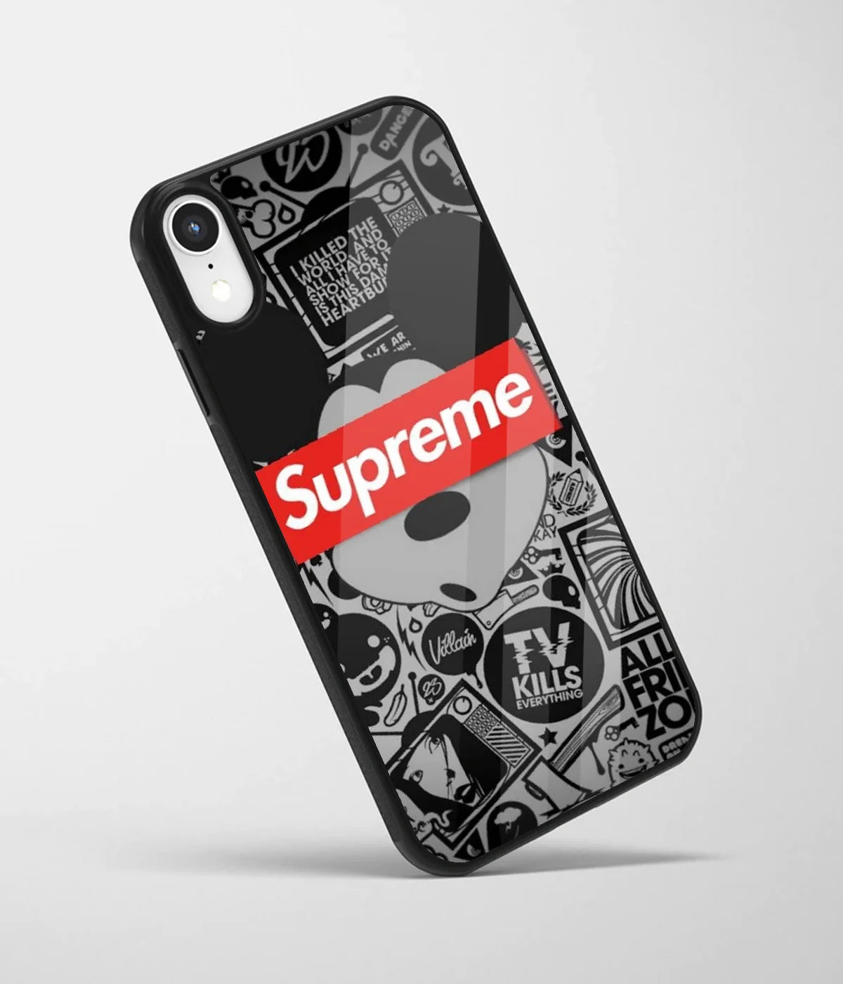 An angled view of a glass phone case featuring a vibrant design.