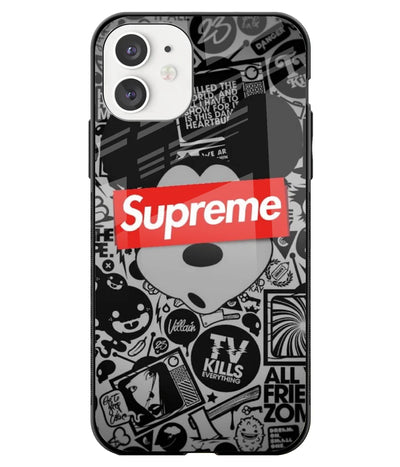 A front-on view of a glass phone case with a colorful design.