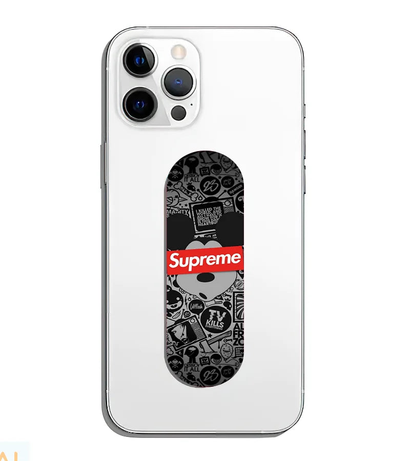 A phone grip slider applied to the back of a smartphone.