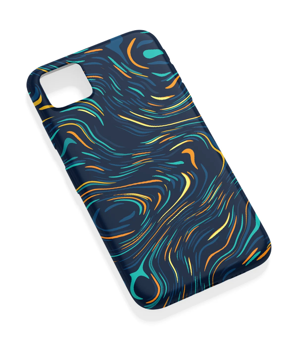 An angled view of a soft silicone case featuring a vibrant design.