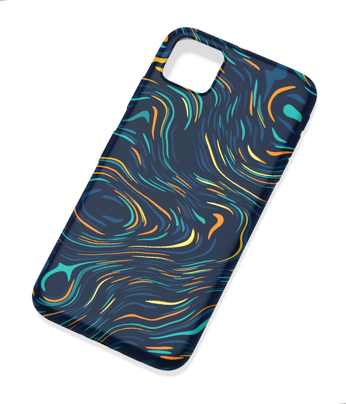 An angled view of a soft silicone case featuring a colorful design.