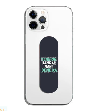 A phone grip slider applied to the back of a smartphone.