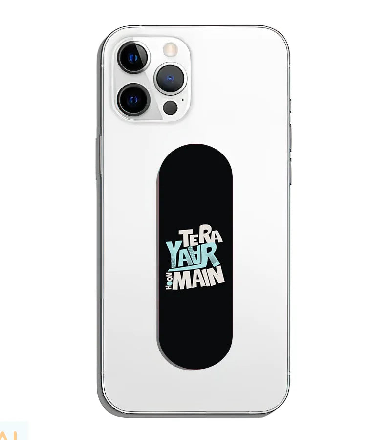A phone grip slider applied to the back of a smartphone.