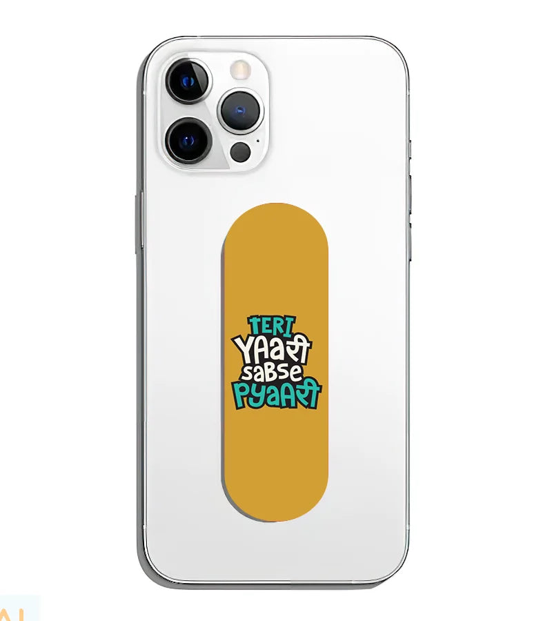 A phone grip slider applied to the back of a smartphone.