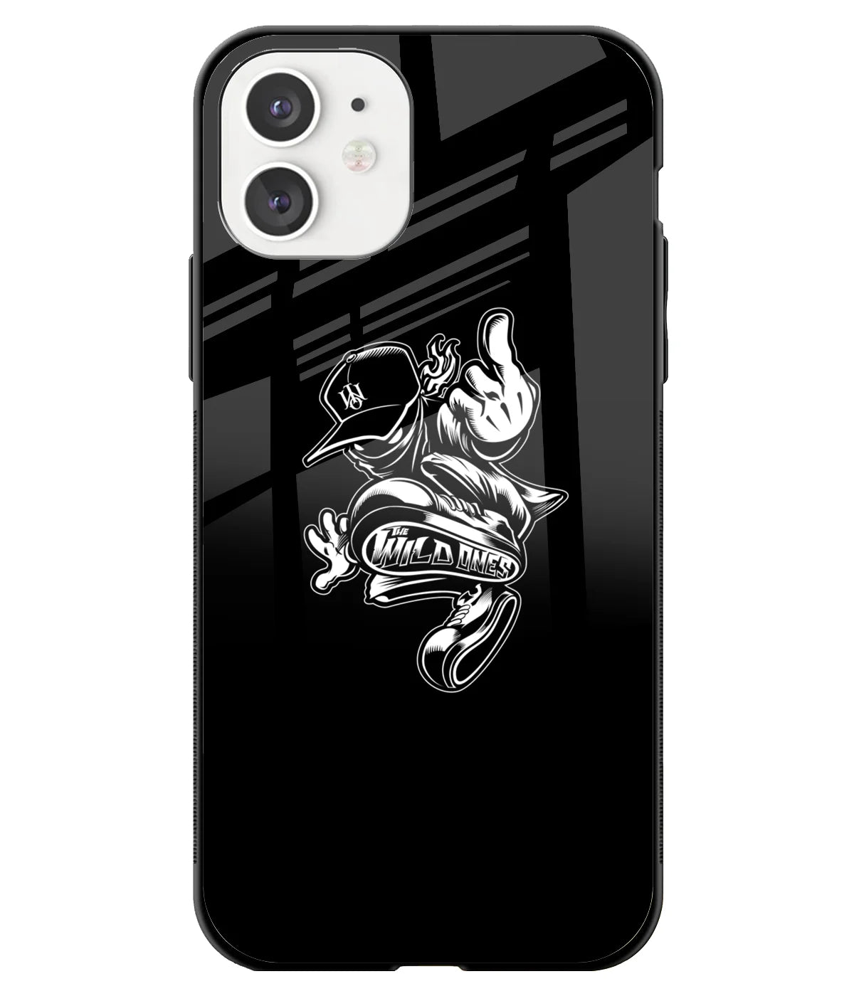 A front-on view of a glass phone case with a colorful design.