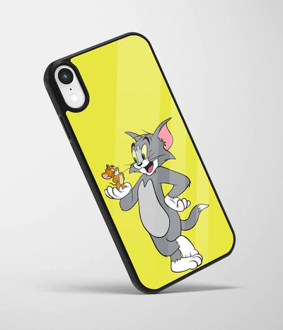 An angled view of a glass phone case featuring a vibrant design.