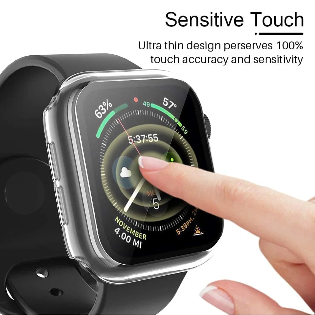 Smartwatch with a clear case on a white background, showing touch accuracy.