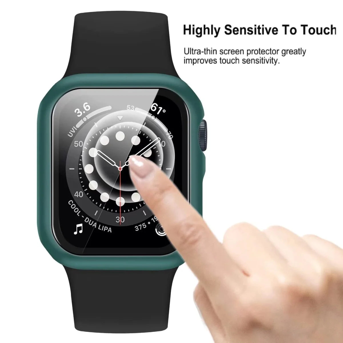 Smartwatch with a green case on a white background, showing touch accuracy.