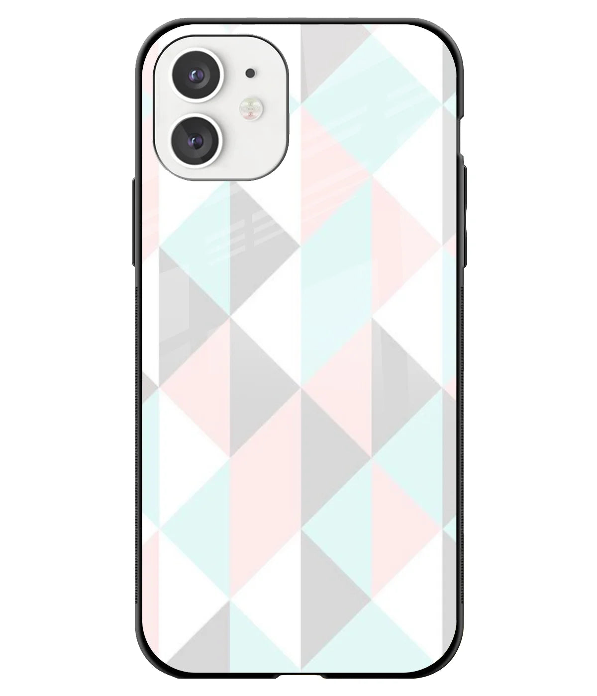 A front-on view of a glass phone case with a colorful design.