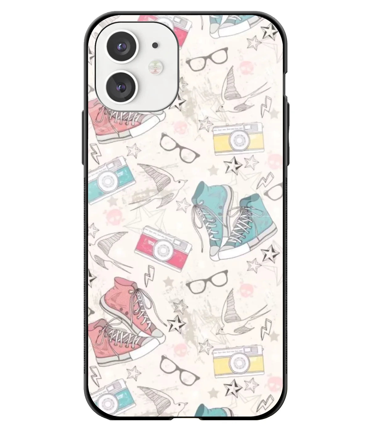 A front-on view of a glass phone case with a colorful design.