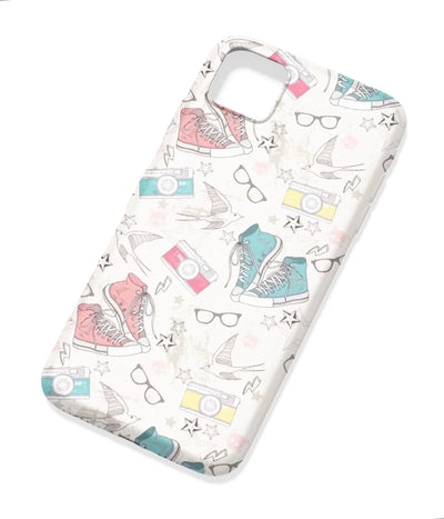 An angled view of a soft silicone case featuring a colorful design.