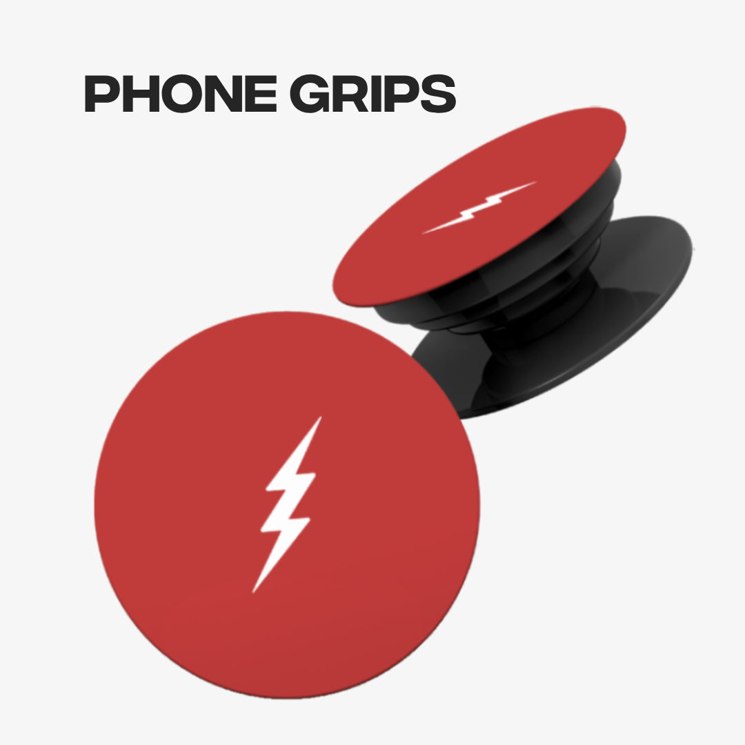 Banner featuring red circular Phone Grip holders in flat and expanded views with the text "Phone Grips".