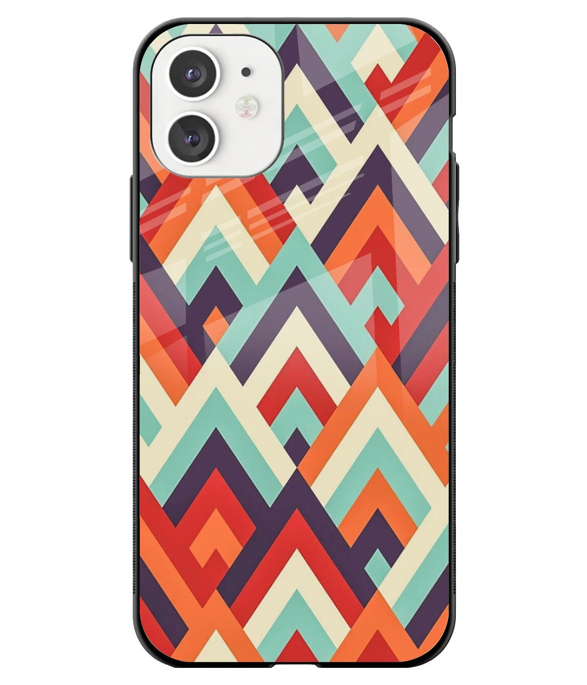 A front-on view of a glass phone case with a colorful design.