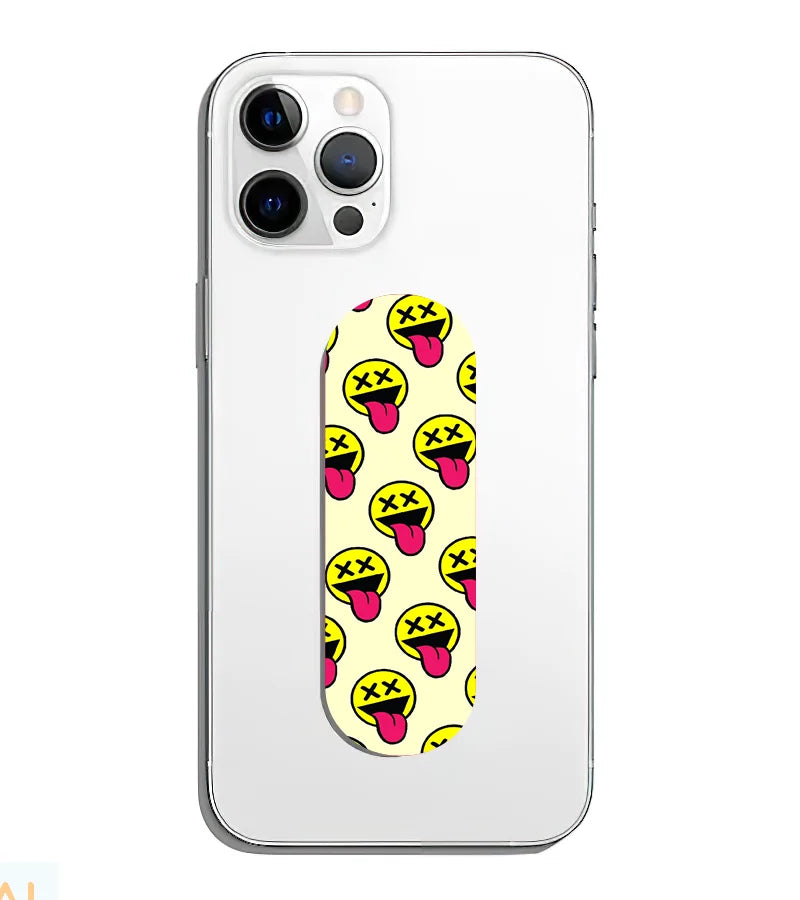A phone grip slider applied to the back of a smartphone.