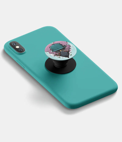 A top-down view of a phone grip holder attached to a mobile phone case on a white background