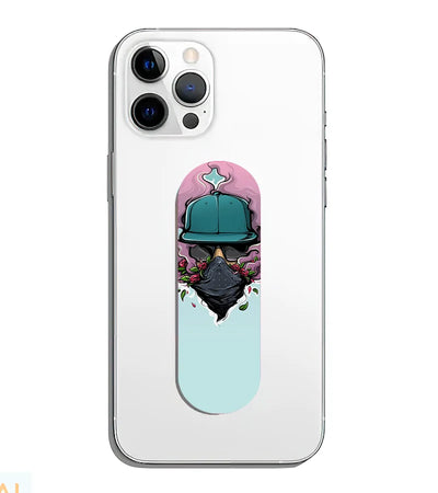 A phone grip slider applied to the back of a smartphone.
