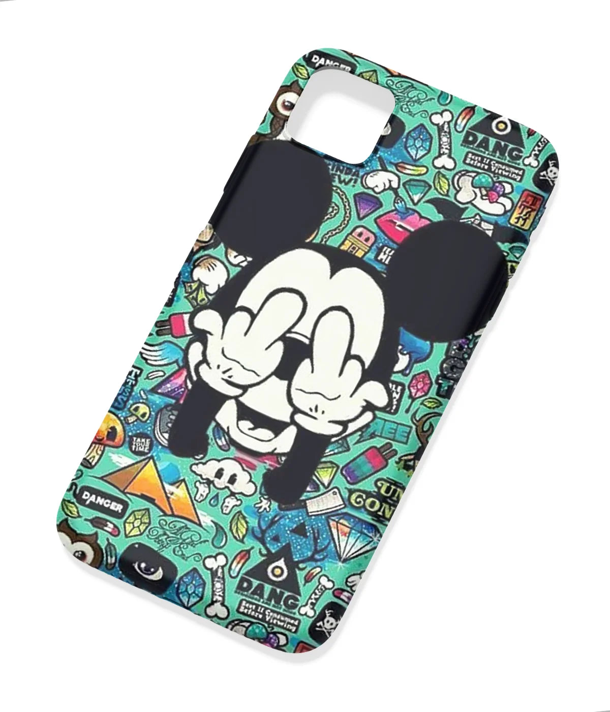 An angled view of a soft silicone case featuring a colorful design.