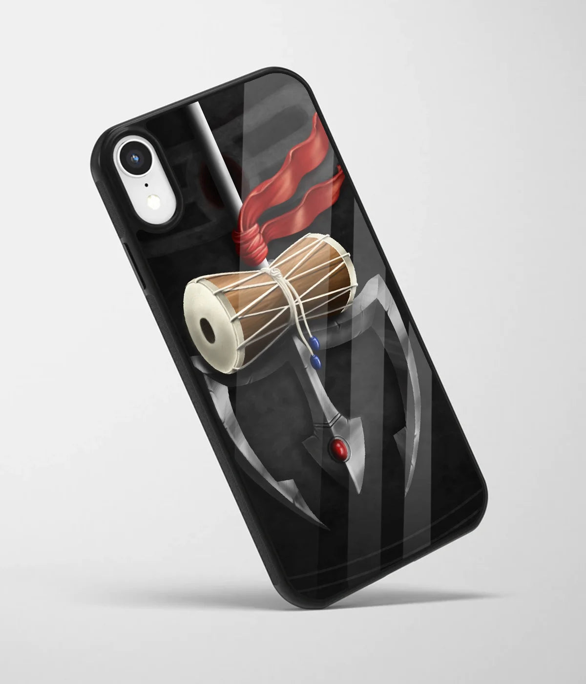 An angled view of a glass phone case featuring a vibrant design.