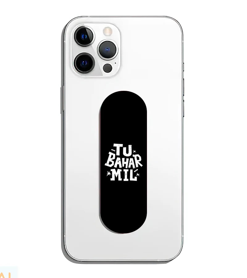 A phone grip slider applied to the back of a smartphone.
