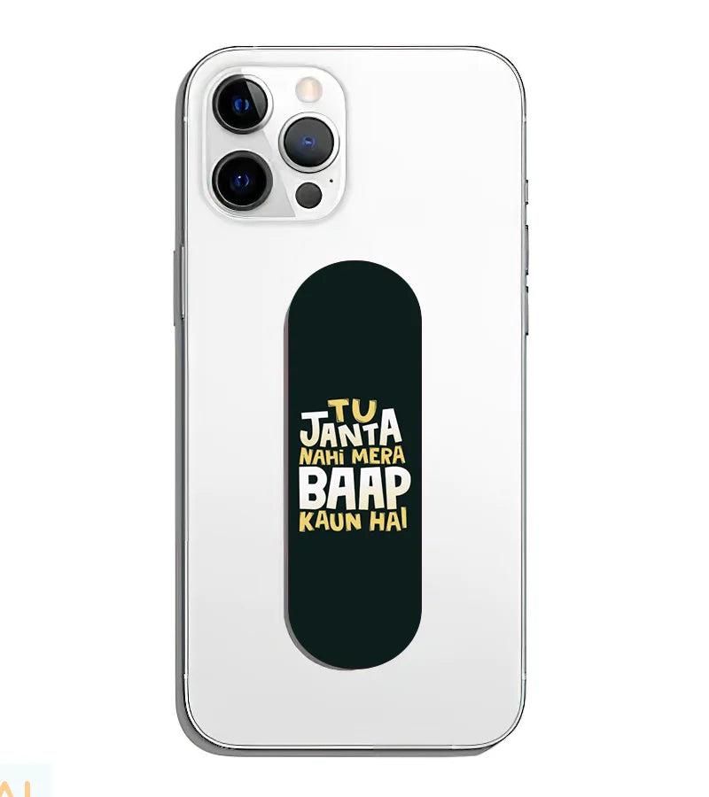 A phone grip slider applied to the back of a smartphone.