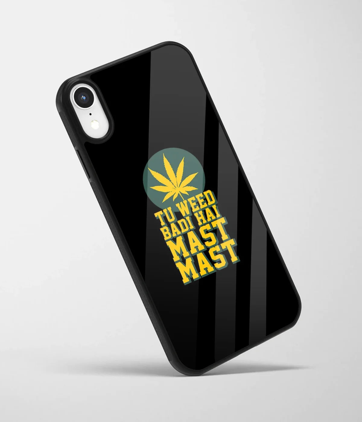 An angled view of a glass phone case featuring a vibrant design.