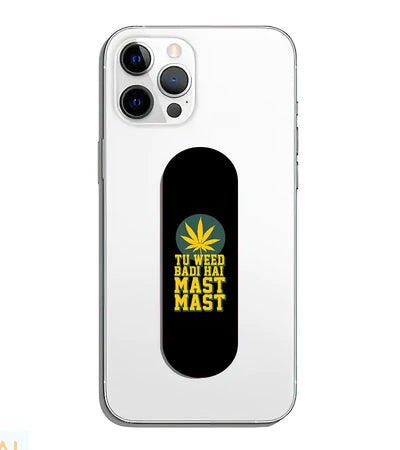 A phone grip slider applied to the back of a smartphone.