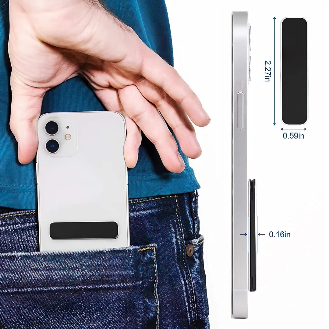 Visual demonstration of the ultra-thin profile of the mobile phone kickstand, showing it sliding easily into a pocket without adding bulk.