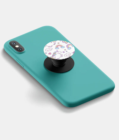 A top-down view of a phone grip holder attached to a mobile phone case on a white background