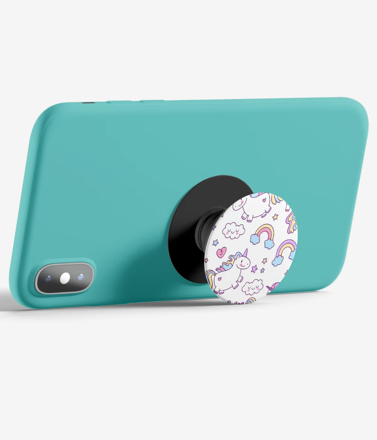 An image demonstrating how to use the phone grip as a stand to hold a mobile phone in landscape mode for hands-free viewing