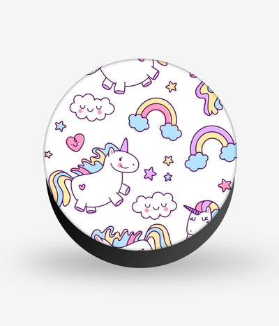 Mobile phone grip with a colorful design on a white background