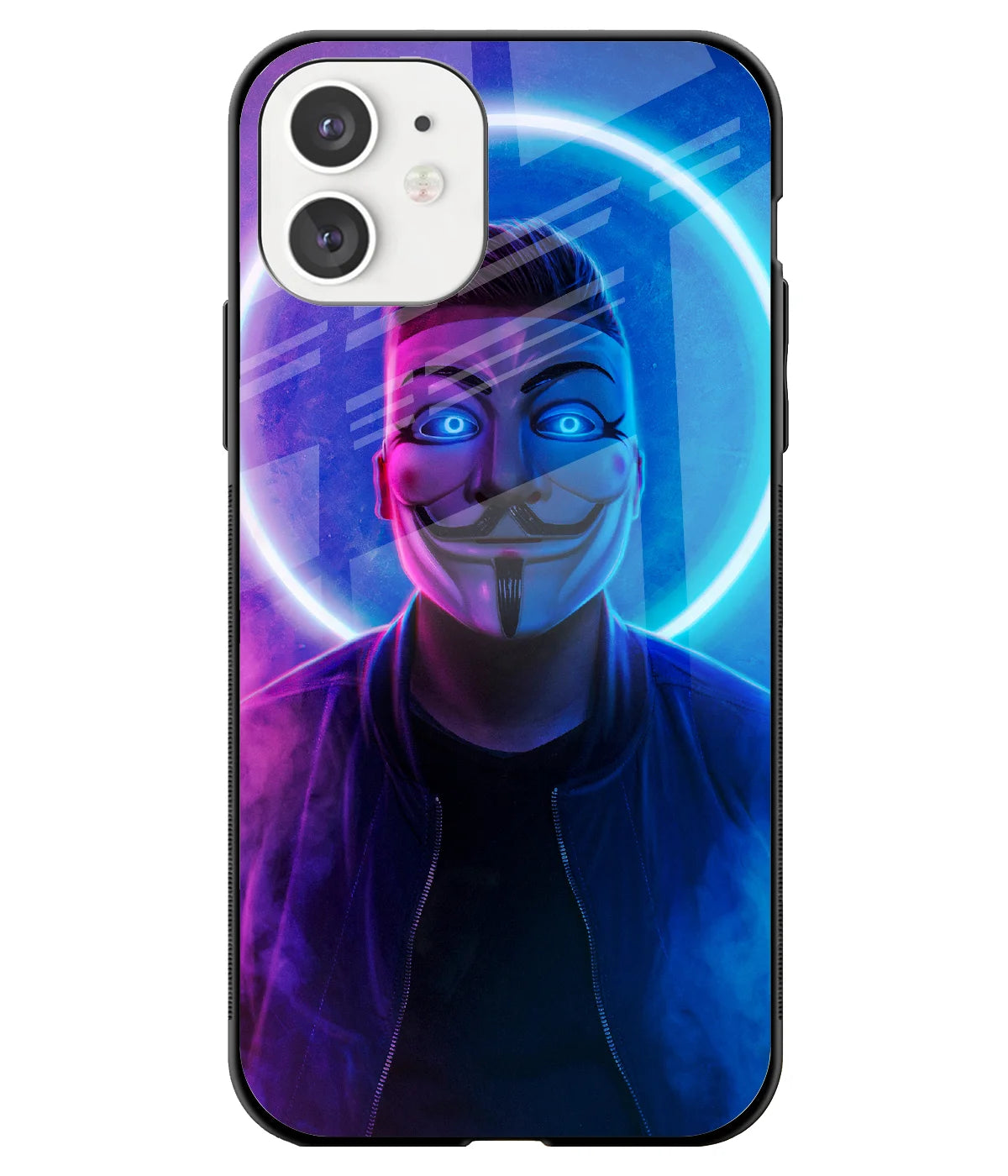 A front-on view of a glass phone case with a colorful design.