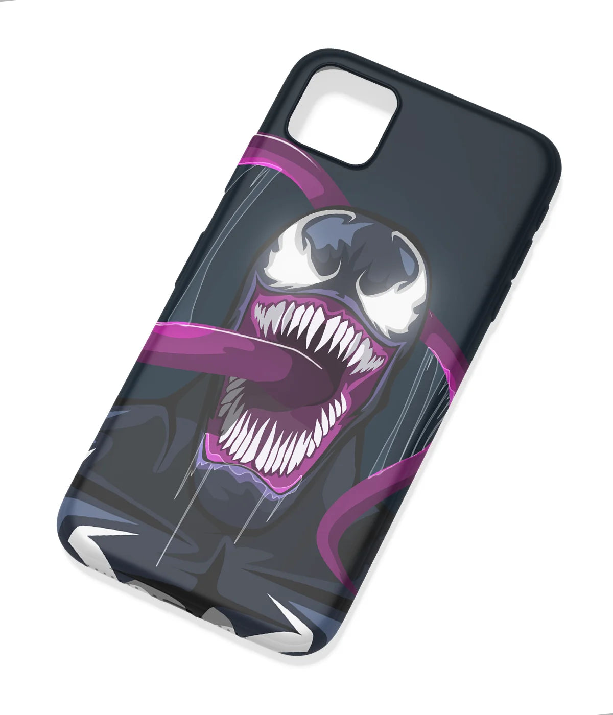 An angled view of a soft silicone case featuring a colorful design.