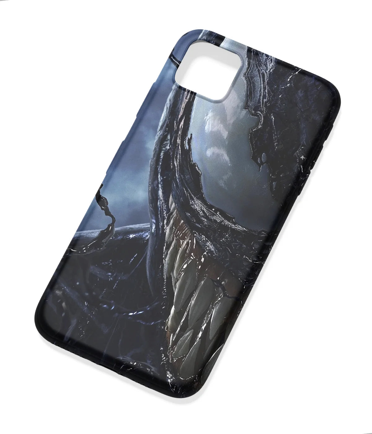 An angled view of a soft silicone case featuring a colorful design.