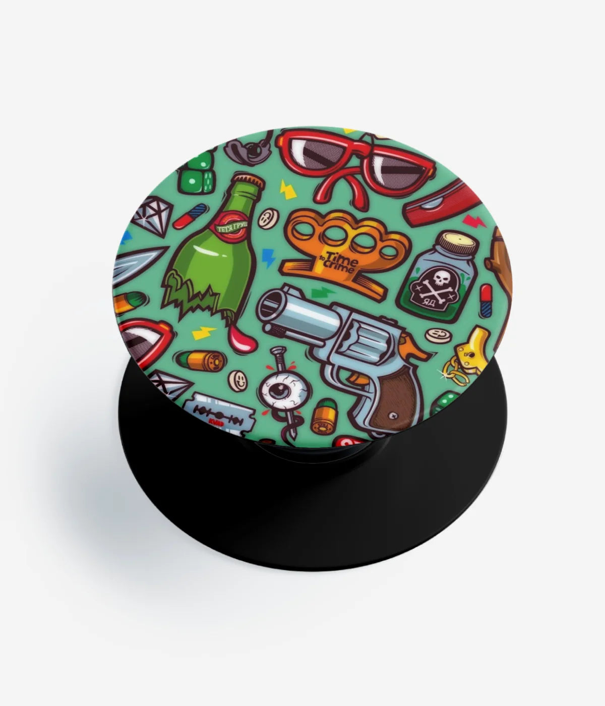 A top-down view of a phone grip holder on a clean white background