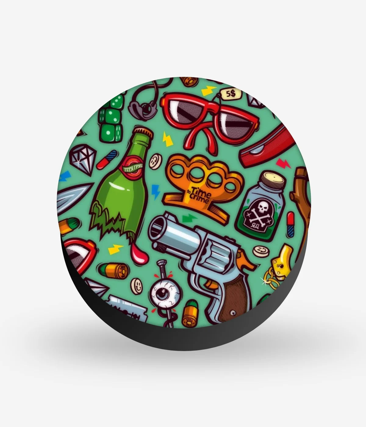 Mobile phone grip with a colorful design on a white background