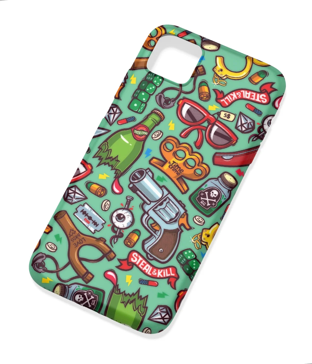 An angled view of a soft silicone case featuring a colorful design.