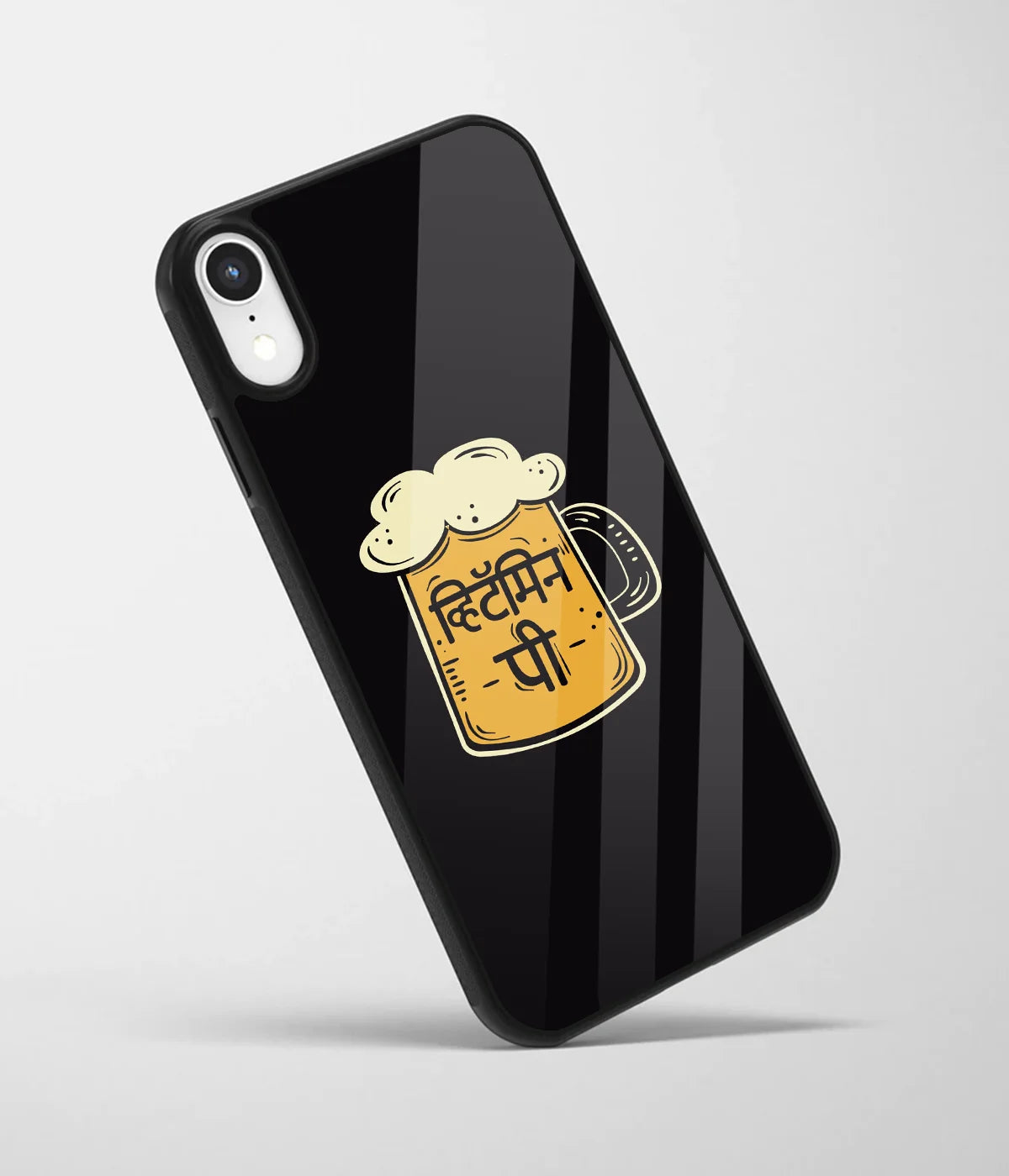 An angled view of a glass phone case featuring a vibrant design.