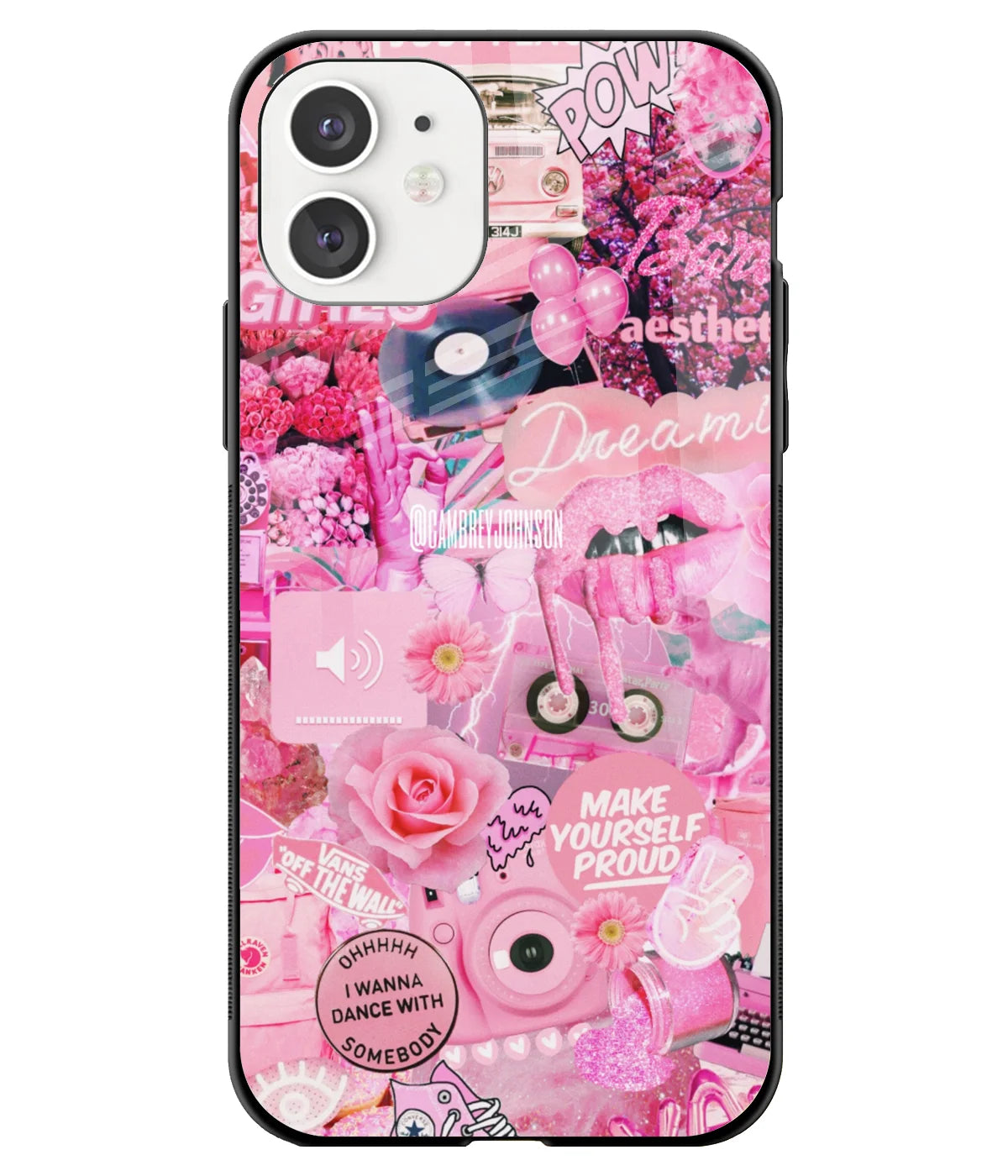 A front-on view of a glass phone case with a colorful design.