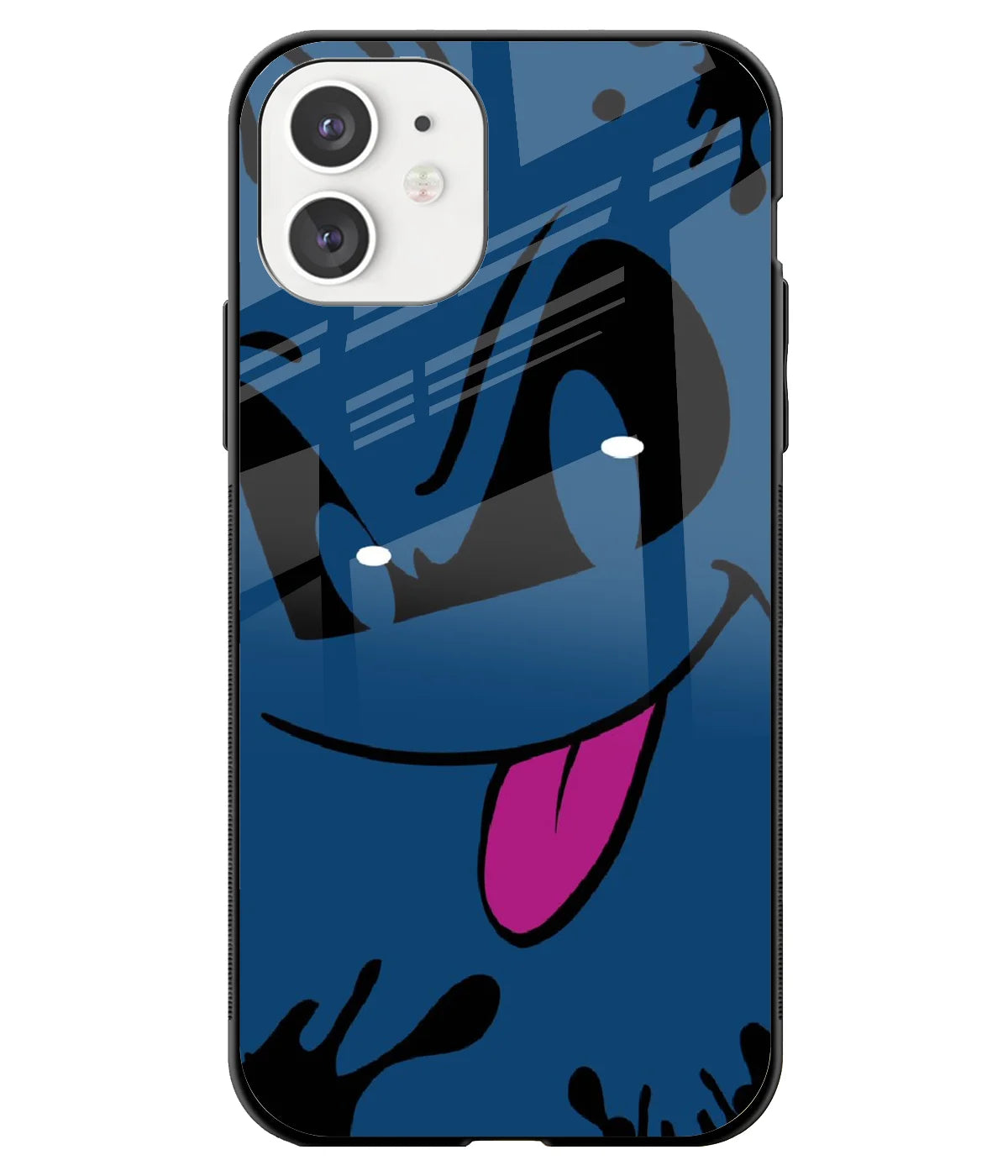 A front-on view of a glass phone case with a colorful design.