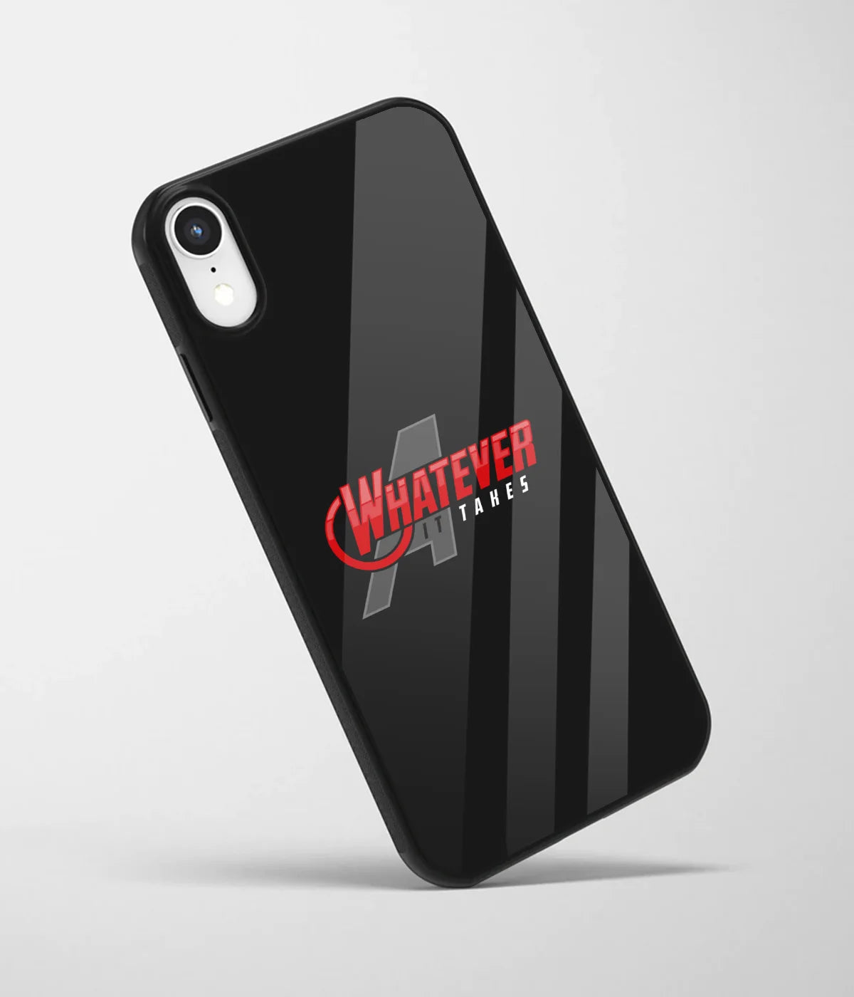 An angled view of a glass phone case featuring a vibrant design.