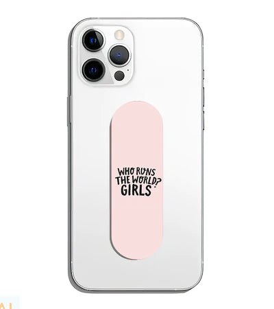 A phone grip slider applied to the back of a smartphone.