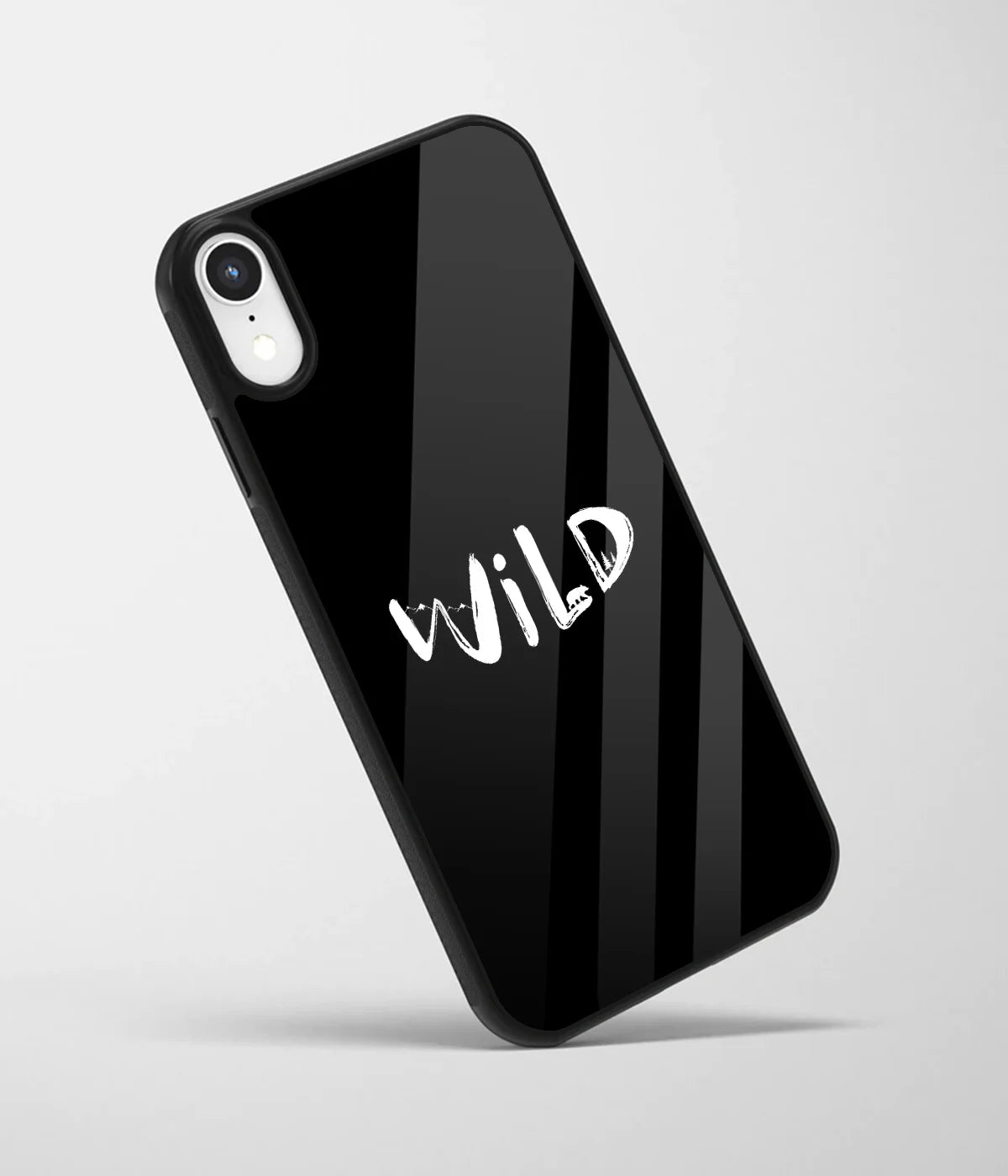 An angled view of a glass phone case featuring a vibrant design.