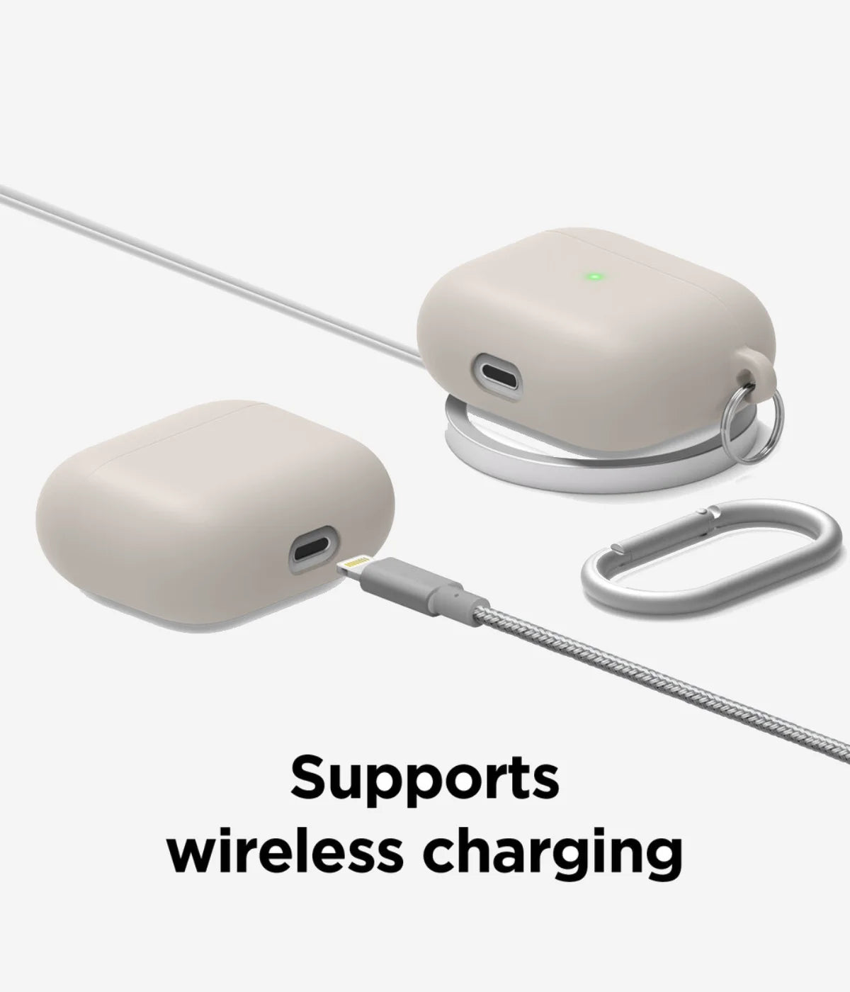 Liquid silicone Airpods case demonstrating full support for both wireless and wired charging without removing the protective cover.