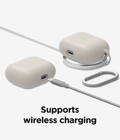 Liquid silicone Airpods case demonstrating full support for both wireless and wired charging without removing the protective cover.