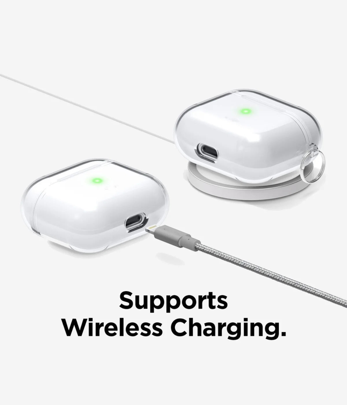 Transparent liquid silicone Airpods case demonstrating full support for both wireless and wired charging without removing the protective cover.