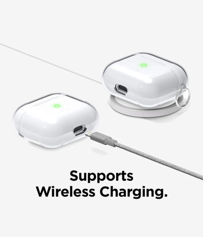 Transparent liquid silicone Airpods case demonstrating full support for both wireless and wired charging without removing the protective cover.