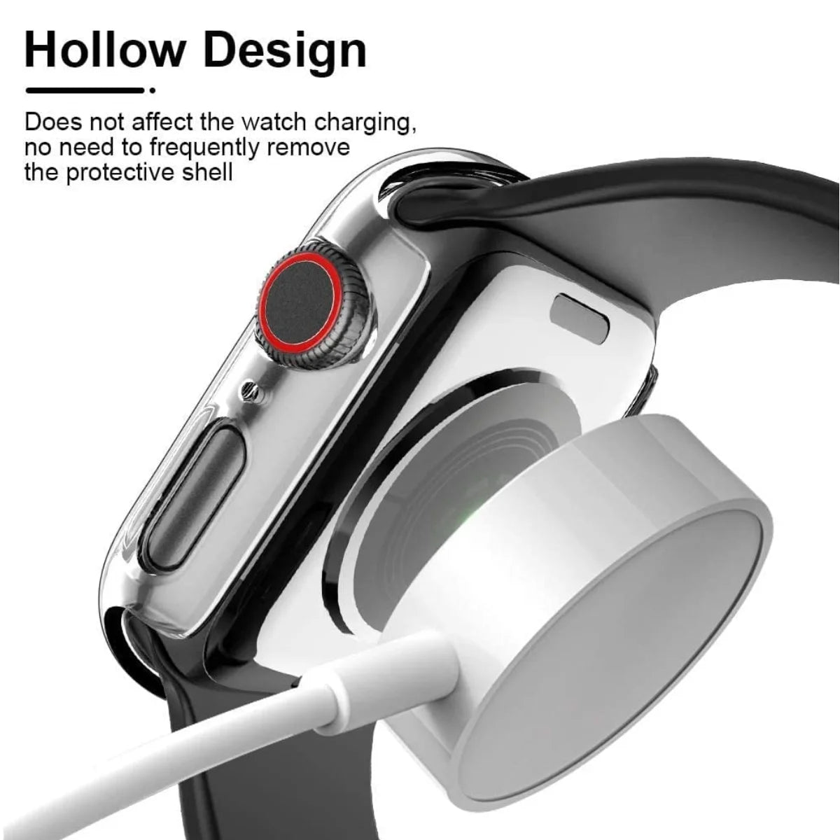 Rear view of an Apple Watch showcasing the wireless charging compatibility without removing the case.