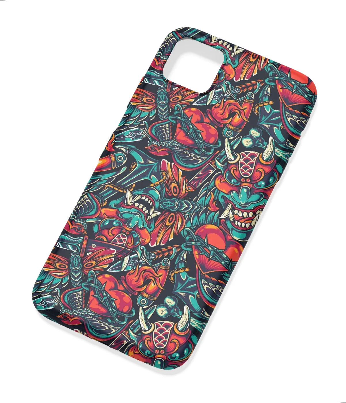 An angled view of a soft silicone case featuring a colorful design.
